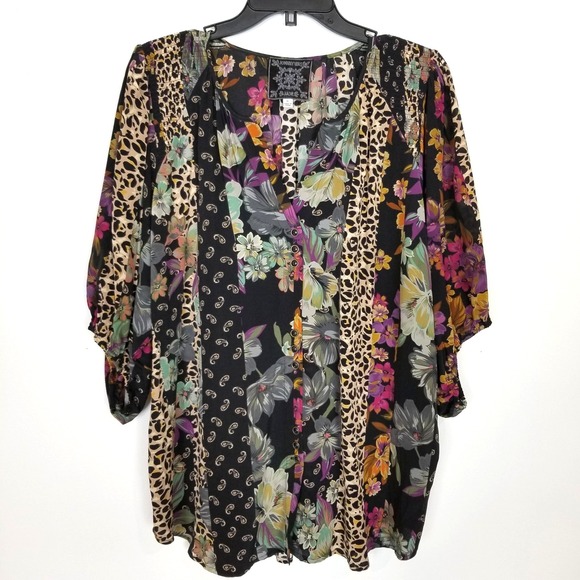 Johnny Was Tops - Johnny Was Womens Isolah Button Up Silk Blouse Sz XL Mixed Print Short Sleeve